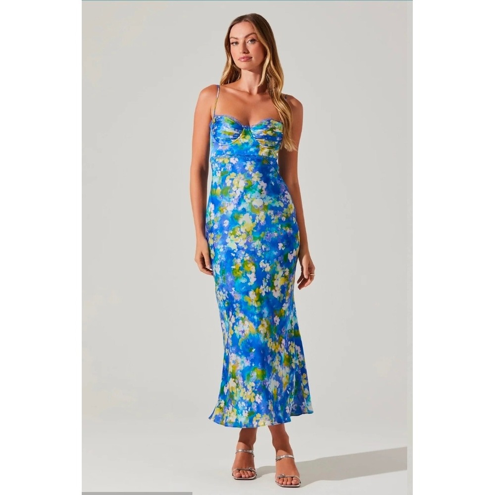 ASTR Label Blue Floral Lace Trim Underwire Midi Dress M Coquette ACDR101662 SEE